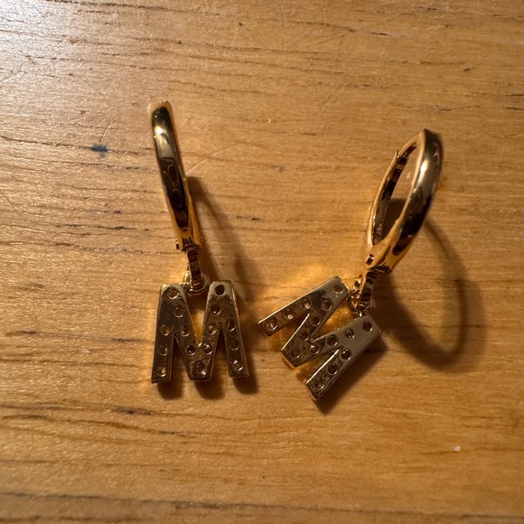 Gold Tone Huggie Rhinestone M Earrings - Picture 5 of 5
